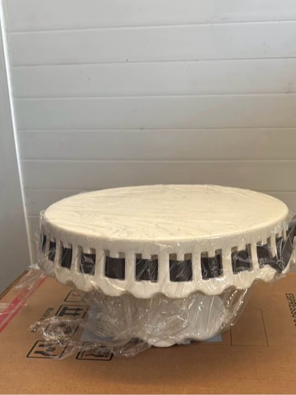 White Ceramic Pedestal Cake Stand with Black Window Accents